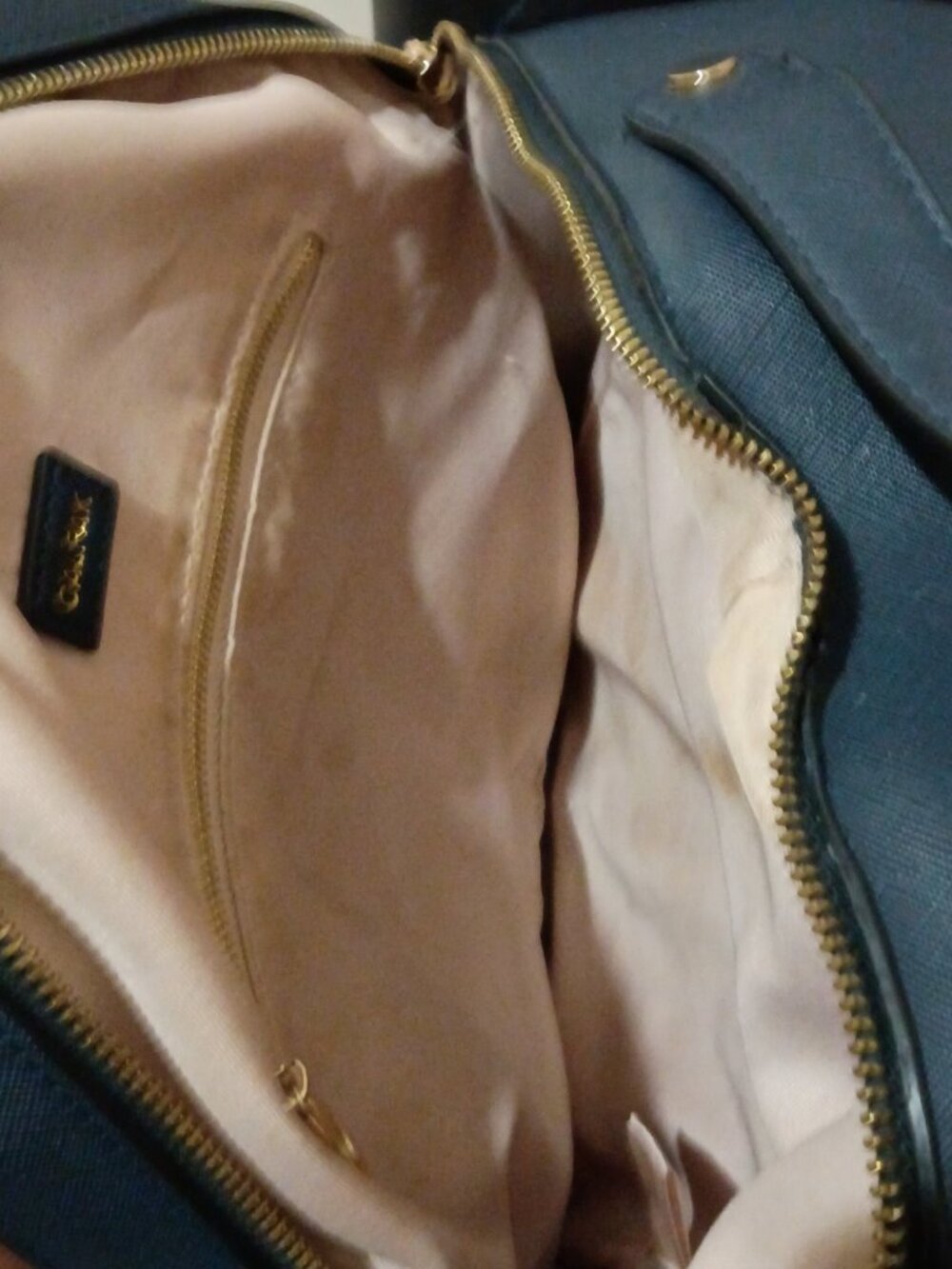 Calpak Kaya Backpack Blue Faux Leather Gold Hardware Trolly Sleeve Side Pockets - Picture 8 of 11